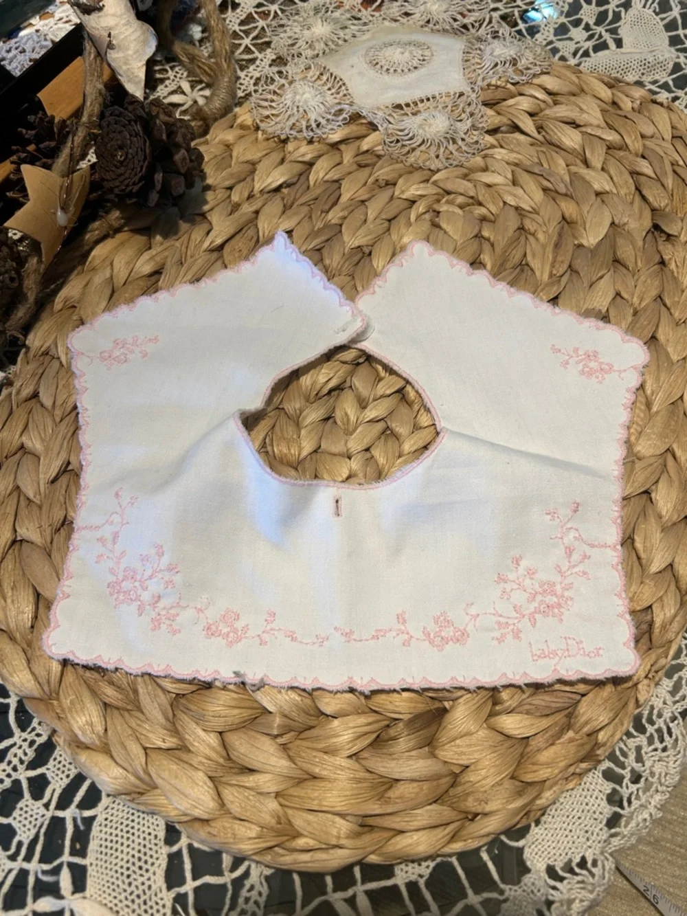 Vintage Handmade White Baby Bib with Pink Embroidery